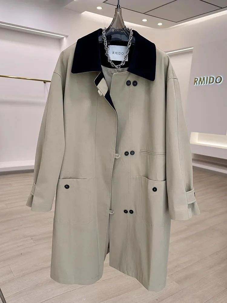 Korean Style Splicing Contrasting Color Windbreaker Women's Mid-Length Autumn New Casual Loose Slimming Popular Jacket for Small People