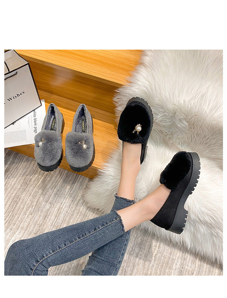 Giày lười nữ lông thỏ thật giữ ấm, đế dày gót vuông 3-5 cm, kiểu Hàn — Màu xám, Màu đen chi tiết 13