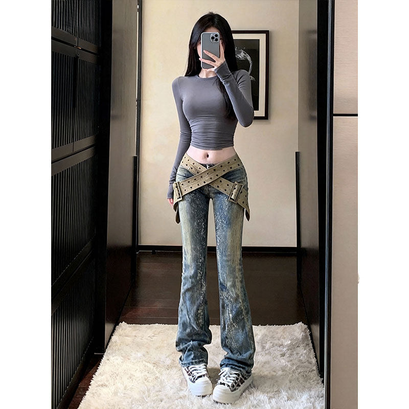Vintage Distressed Washed Yellow-Blue Narrow Straight-Leg Jeans for Women, New 25-Style Pure Desire Low-Waist Slimming Flared Pants Vintage Distressed Washed Yellow-Blue Narrow Straight-Leg Jeans for Women, New 25-Style Pure Desire Low-Waist Slimming Flared Pants