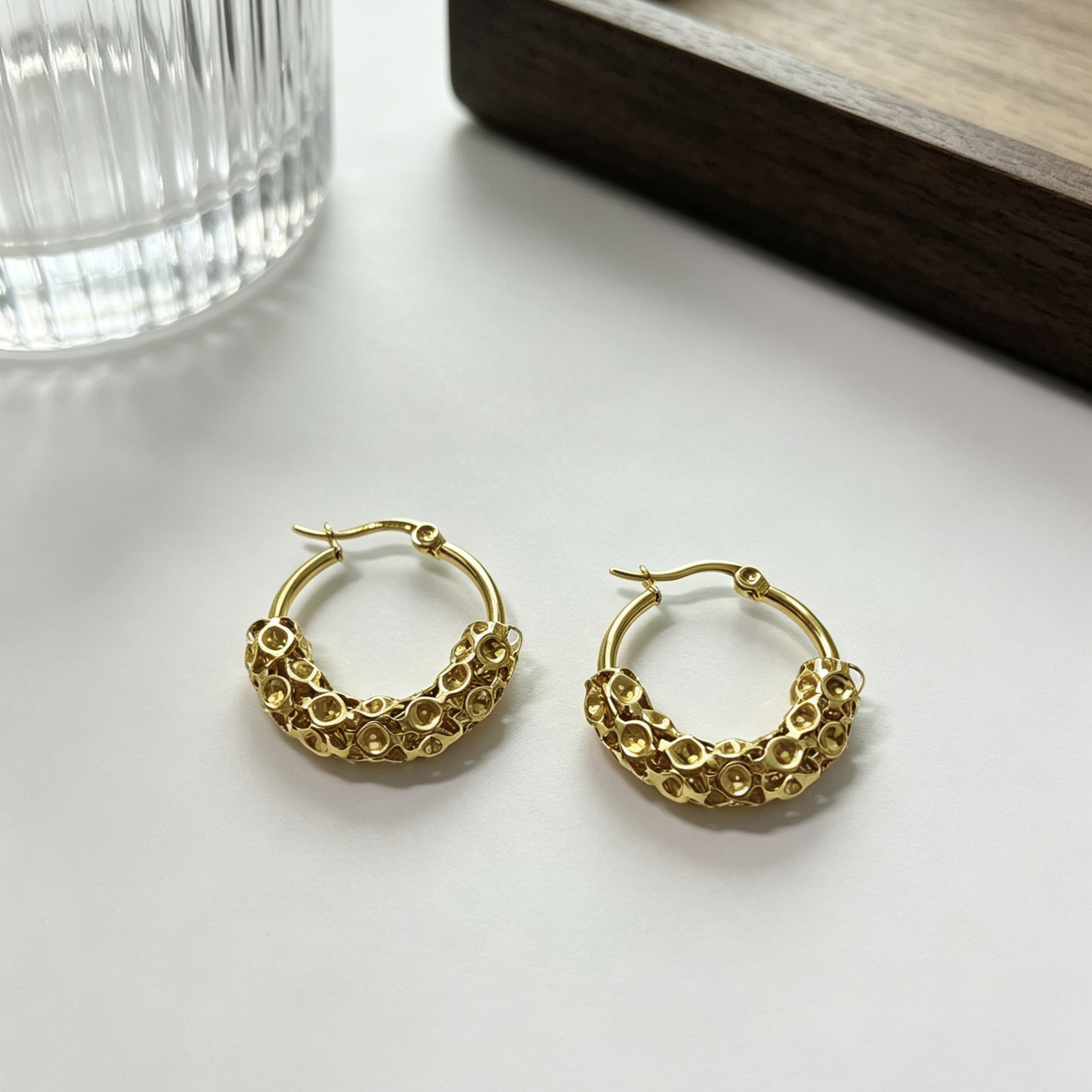 Gold Hoop Earrings Hollow Honeycomb Texture Titanium Steel Studs_voghion.com