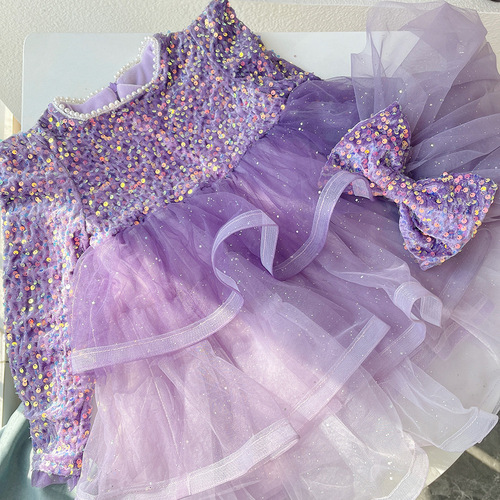 Children's clothing, non-fleece spring and autumn items, sparkling princess dress for girls, net chiffon puff birthday cake gift