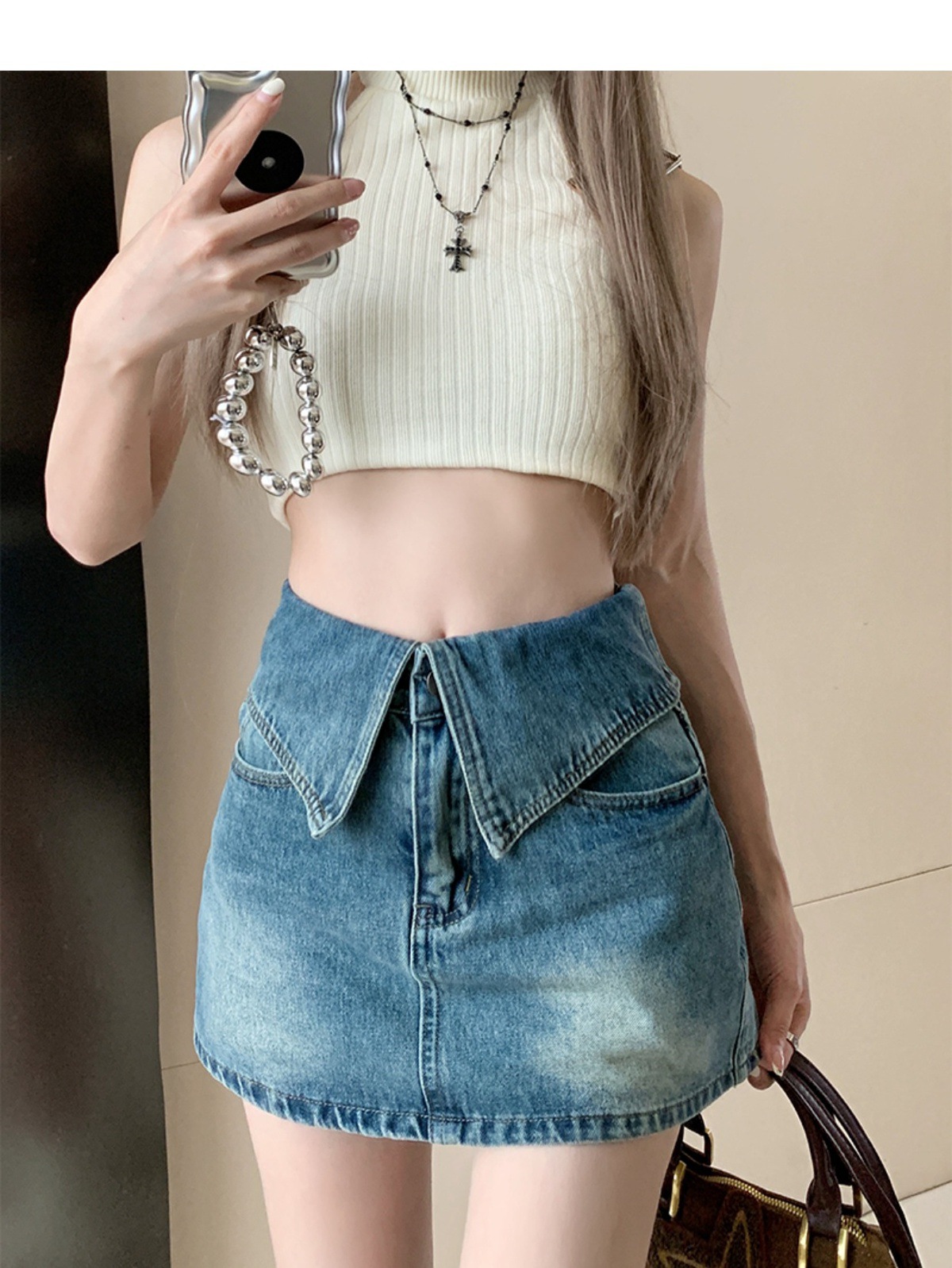 Retro Style High Waisted Denim Skirt plus Size A-Line Silhouette Women's Summer Bottoms Flattering for Petite Figures_ecoleips.com