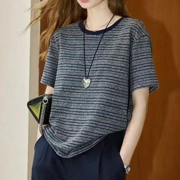 Summer new striped trendy short-sleeve breathable T-shirt for women, round neck, slimming, simple, versatile for commuting, suitable for mothers Summer new striped trendy short-sleeve breathable T-shirt for women, round neck, slimming, simple, versatile for commuting, suitable for mothers