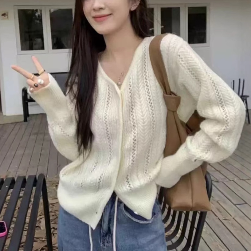 Korean Style Pure Color V Neck Women's Thin Ice Silk Shirt Long-Sleeved Loose Knitted Cardigan 2025 Spring New Jacket Summer