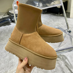 Song Yan's same leather and fur snow boots winter women's 2023 New heightened platform stretch boots slimming