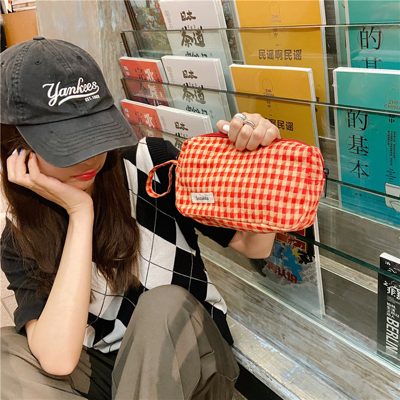 13311 checkered color-blocking large-capacity cosmetic bag, women's leopard print fashionable clutch, canvas storage bag wholesale undefined