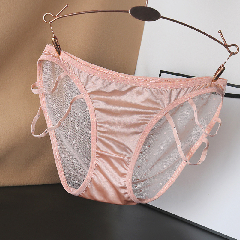 New Light-sensitive Satin Mesh Underwear Girl's Lace with Diamond Strap Side Hollow Pure Cotton Crotch Briefs