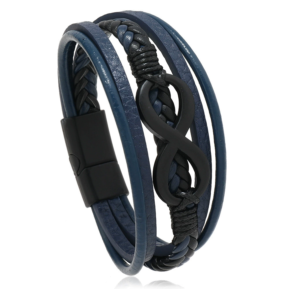 Men's PU Leather Bracelet RH360, Multi-Layer Beaded & Alloy Accents, 21.5 cm