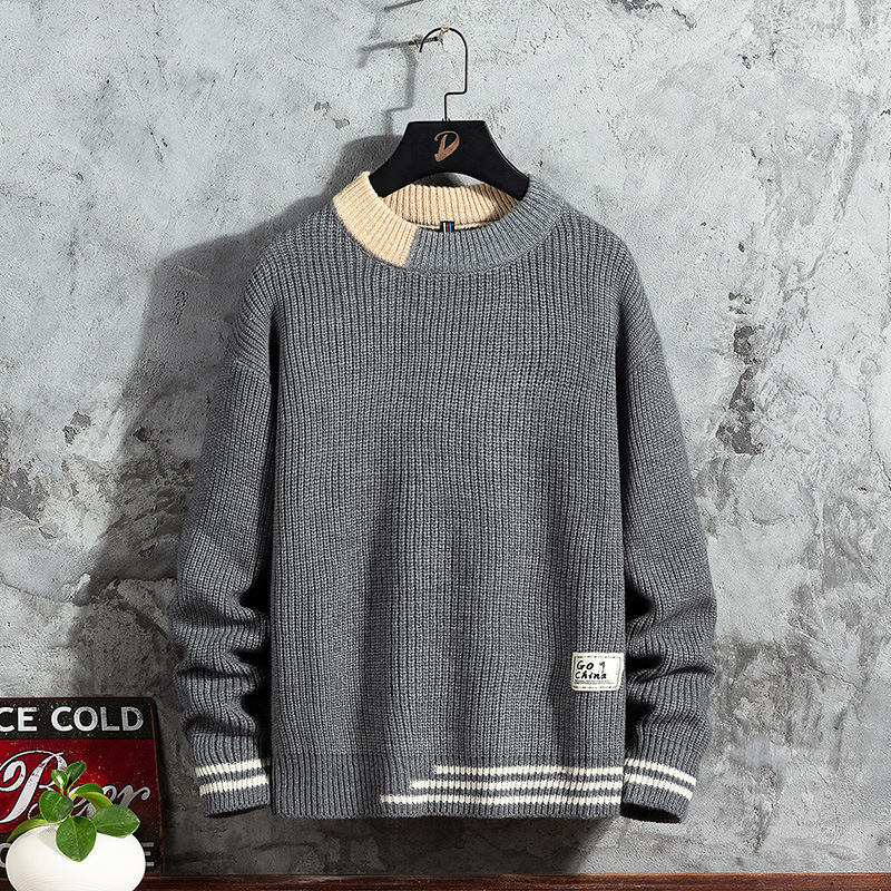 Pull automne/hiver nouveau style coréen pull tendance bas épais chemise hommes ample col rond tricot_voghion.com