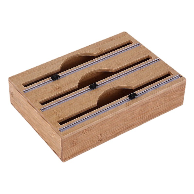 Cortador de papel de bambú caja de almacenamiento de envoltura de plástico caja de almacenamiento de cajón de cocina divisor de papel de cera montado en la pared