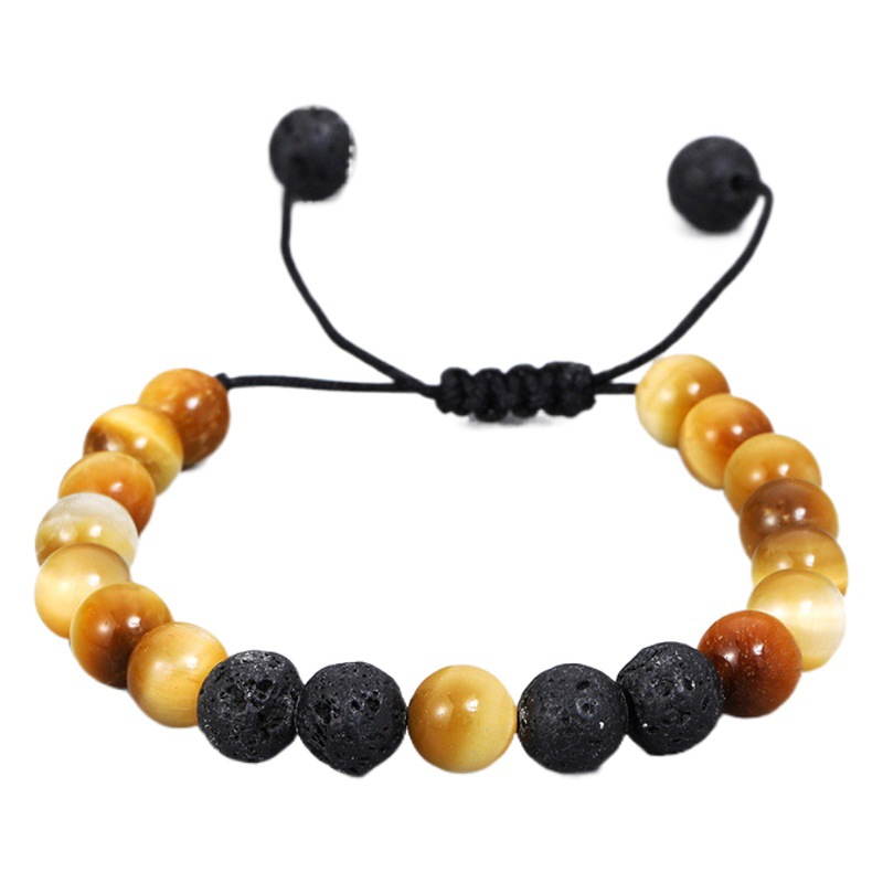 Cruz-frontera piedra volcánica ojo de tigre de oro piedra tejida pulsera de DIY hombres de moda europea y americana nueva pulsera de piedra de cuentas de 8mm