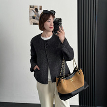 高级感桑蚕丝双面羊绒大衣女短款秋冬圆领时尚简约小个子毛呢外套