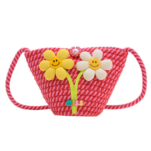 Grass-woven bag 2024 Spring New Korean Ins Children's Bag 3D Flower Crossbody Bag Grass Woven Purse Women's Minimalist Wallet