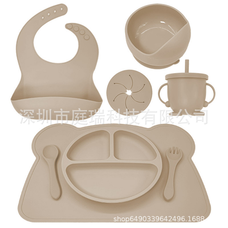 Juego de vajilla de silicona para niños placemat lechón tazón combinación traje bebé comiendo Placa de silicona resistente a la caída comida complementaria