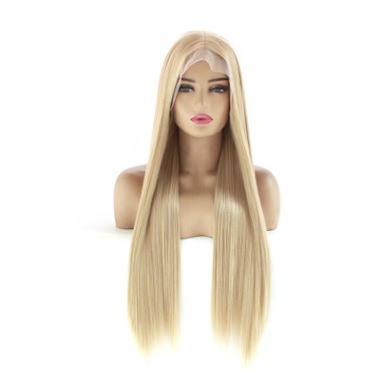 Oro claro largo recto frente de encaje fibra química peluca de seda de alta temperatura gancho de mano fábrica LW0127