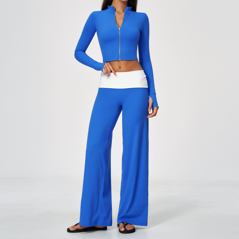 Stand-up collar zippered yoga outfit two-piece set with contrasting color flared pants, slim-fit short sports casual quick-dry fitness wear 9666 Stand-up collar zippered yoga outfit two-piece set with contrasting color flared pants, slim-fit short sports casual quick-dry fitness wear 9666