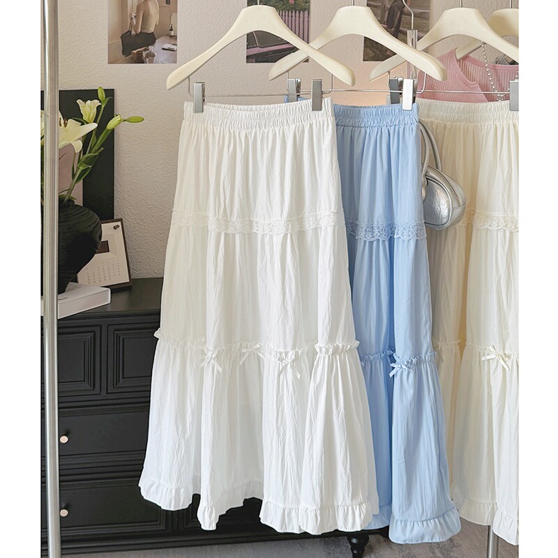 White Cake Skirt Women's Summer New J Sweet Bow High Waist Slimming Lace Long Skirt A- Line Skirt Umbrella Skirt