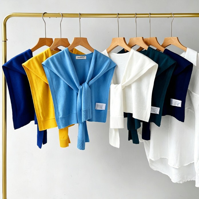Korean-Style Layered Knit Knotted Shawl, Gentle Solid Color Air-Conditioned Room Cape, Versatile Decorative Scarf to Pair with Shirts Korean-Style Layered Knit Knotted Shawl, Gentle Solid Color Air-Conditioned Room Cape, Versatile Decorative Scarf to Pair with Shirts