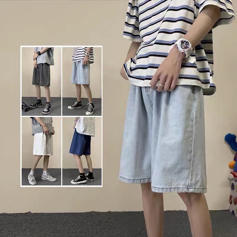 Summer Solid Color Denim Shorts Men's Hong Kong Style Loose and Versatile Wide-Leg Straight Pants Korean Style Casual Outer Wear Five-Point Pants