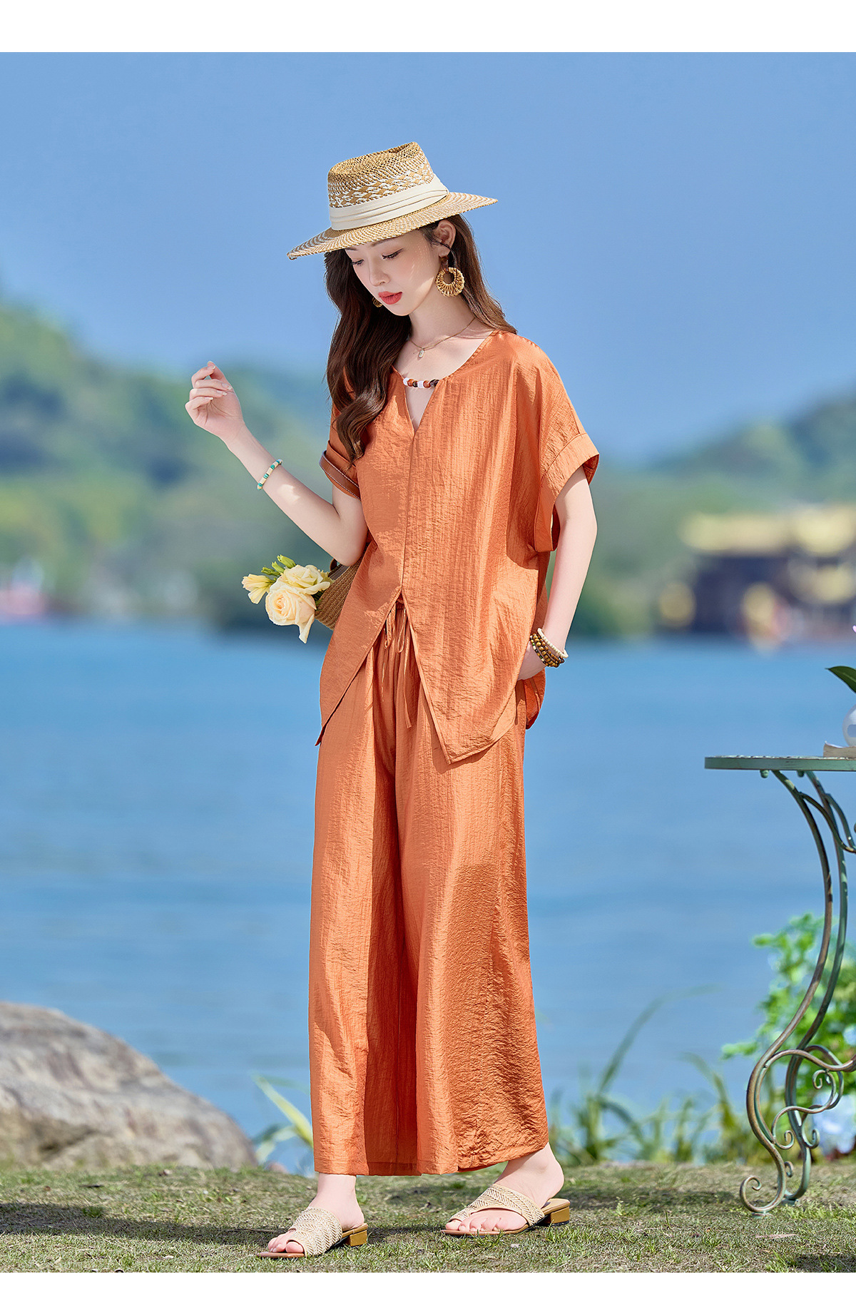 Bộ quần áo nữ hai mảnh gồm áo thun cổ V rộng và quần dài ống rộng phong cách tối giản — Cam đỏ, Màu cà phê nhạt, màu trắng ngà chi tiết 13