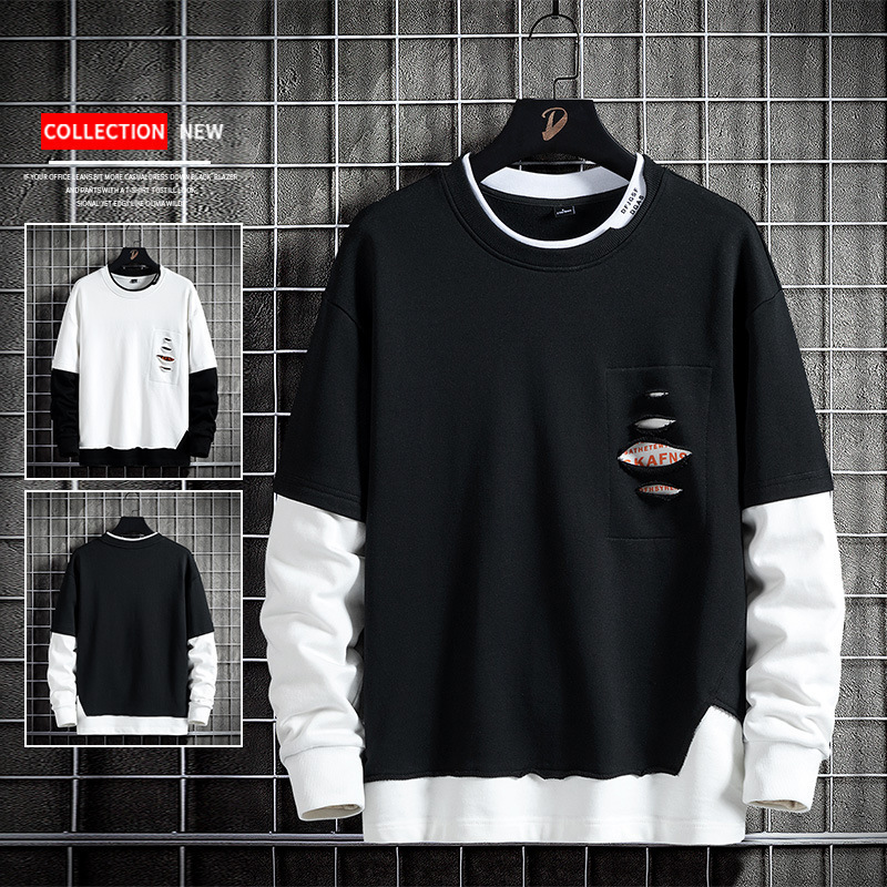 Sweaters Men's 2021 Autumn New Arrival Men's Clothing Hong Kong Style Trendy Brand Loose Fake Two-Piece Men's Crewneck Pullover Ripped Sweaters