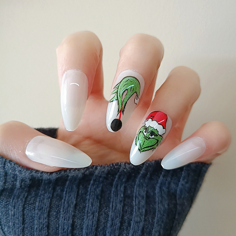 Cross-Border Grinch Christmas-Themed Nail Art Cartoon Long White Nails with Rhinestones Ultra-Thin Holiday Nail Art