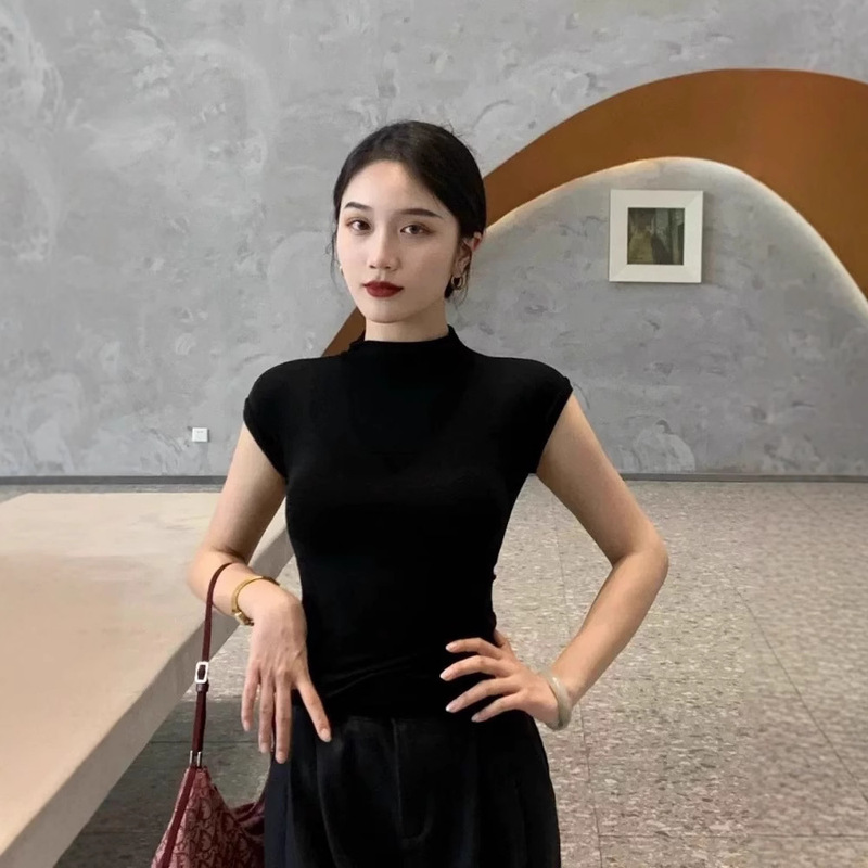 フランス半高襟天糸飛袖ニット半袖tシャツ女性夏25新正肩ギャル上着は純粋に痩せている|undefined