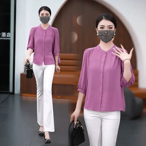 2025 spring and summer thin style fashionable mid-sleeve ice silk top, fat girl loose belly cover large size Western-style small shirt, middle-aged