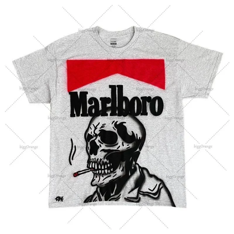 Трансграничная фабрика прямых продаж 2024 летняя новая американская мужская футболка с принтом черепа High Street Street Hawajuku с короткими рукавами