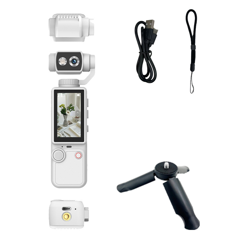 Cámara de movimiento de mano blanca Q8 con soporte + cuerda + cable de datos