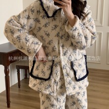 韩版秋冬公主风夹棉三层睡衣女加厚羊羔绒翻领甜美纯棉保暖家居服