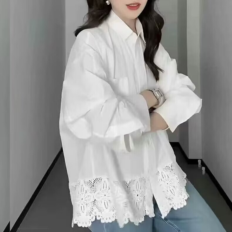 French-Style Women's Shirt for Spring and Autumn with Lace Splicing, Fashionable and Elegant, Loose-Fitting, Slimming Long-Sleeve Top, Stylish and Versatile