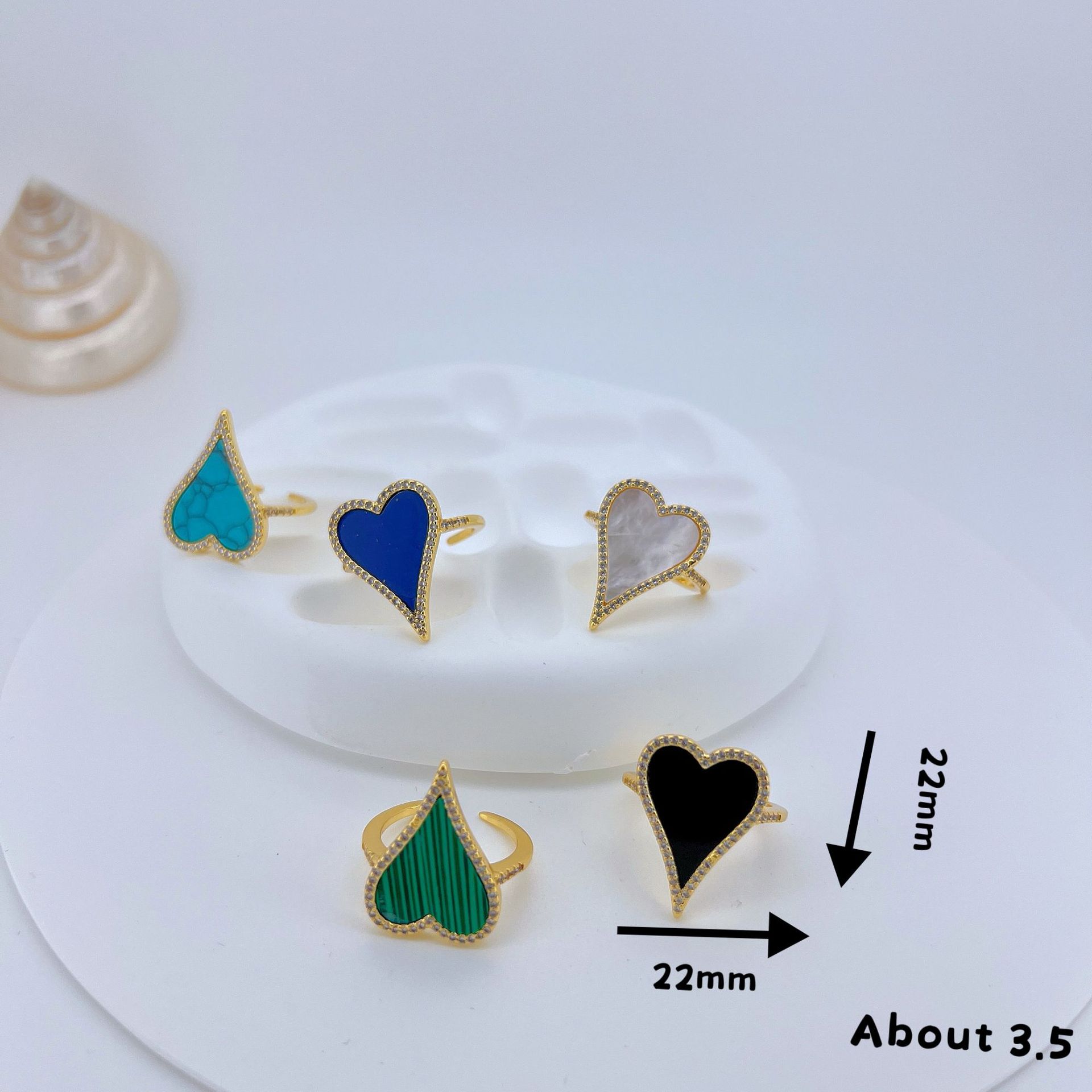 7g Weight Natural Stone, Shell, Zircon Inlay Material Open Rings Classification Adjustable Ring Size Wholesale Jewelry IG Style Simple Style Heart Shape Copper Natural Stone Shell Zircon Plating Inlay Open Rings