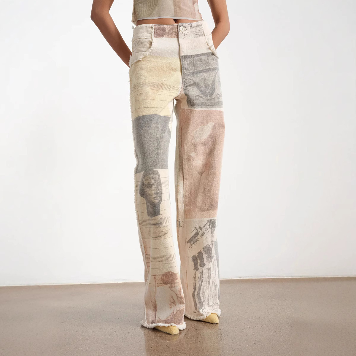 Cross-Border American Style New Retro Loose Printed Design Wide-Leg Straight Floor-Length Denim Pants 890