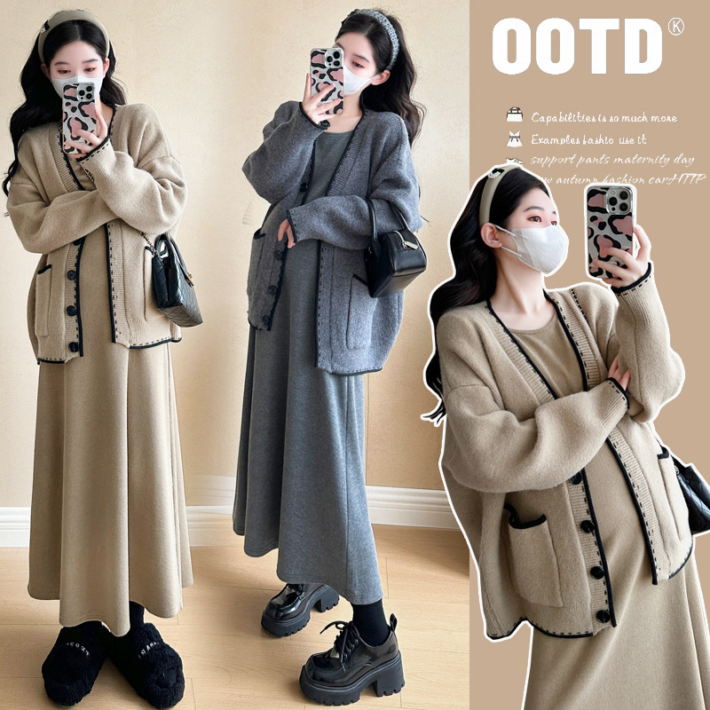 Maternity Wear Autumn and Winter Trendy Mom New Fashion Elegant Knitted Jacket Winter Casual Bottoming Shirt Dress Two-Piece Set Maternity Wear Autumn and Winter Trendy Mom New Fashion Elegant Knitted Jacket Winter Casual Bottoming Shirt Dress Two-Piece Set