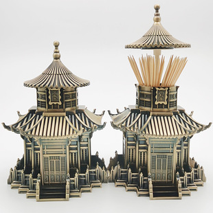 Spot wholesale toothpick box Chinese ancient architecture creative retro automatic pressing living room dining table hotel toothpick tube