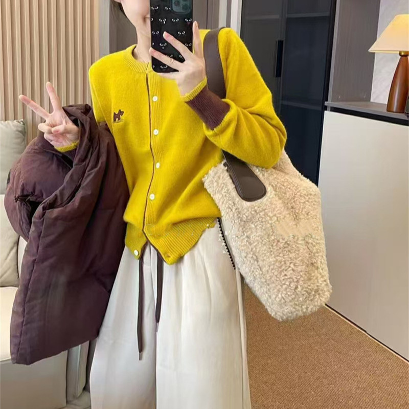 韩版新款跨境显瘦百搭撞色设计刺绣狗拼色袖针织开衫毛衣针织开衫|undefined