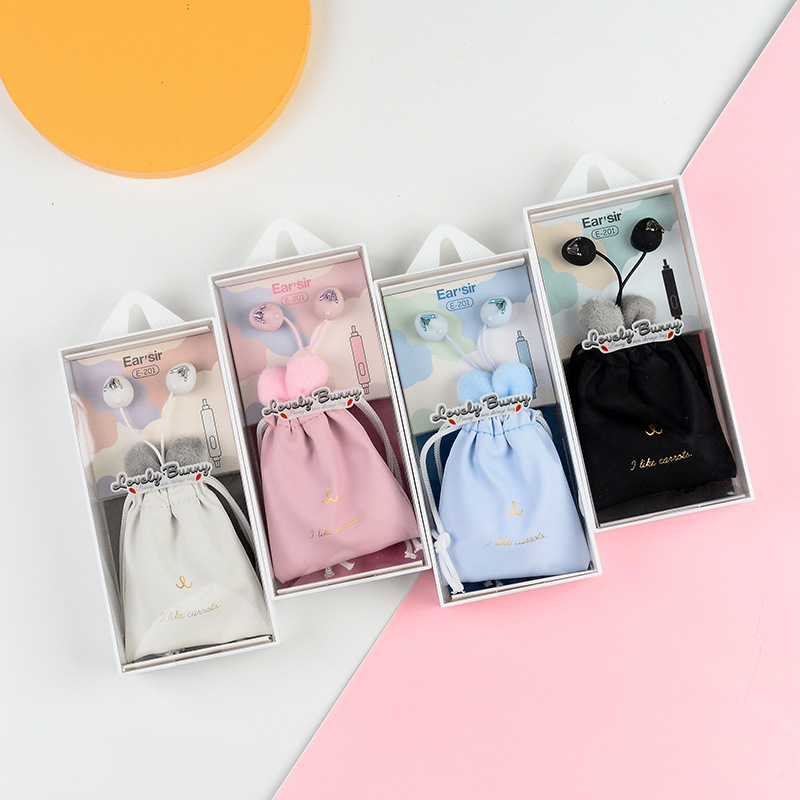 耳朵先森E-201兔子收納袋耳機帶麥可通話入耳式卡通耳塞