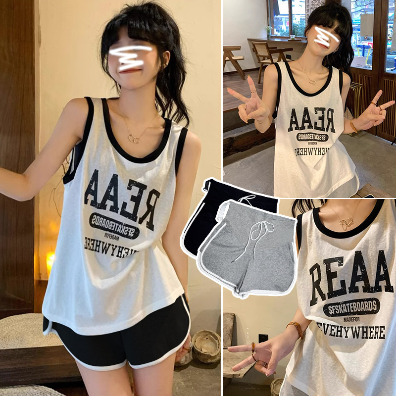 Ready Stock Maternity Suit Summer Outer Wear Cotton Can Be Worn at Home Sleeveless Vest + Drawstring Belly Support Shorts Two-Piece Suit