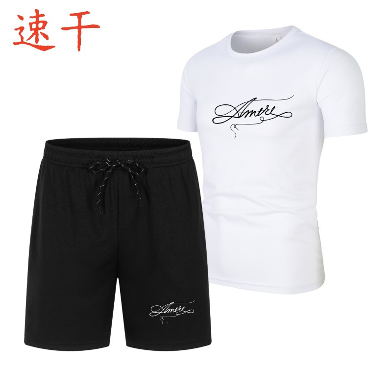 스포츠 속건성 비치 바지 정장 남성용 투피스 세트 2025 통기성 티셔츠 반팔 고등학교 입시 체력 테스트 러닝 캐주얼
