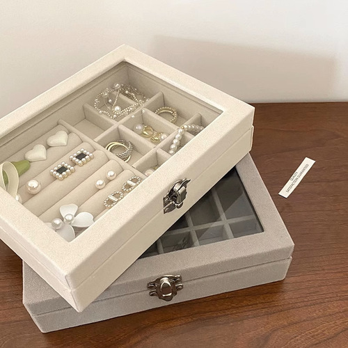 Transparent velvet jewelry storage box with lock, compact necklace, ring, earrings rack, earrings display rack, home box