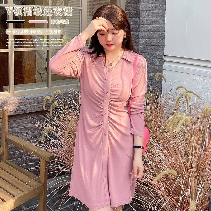 Осень Новый плюс размер женской одежды пухлые девушки плиссированные похудения поло воротник платье 320626