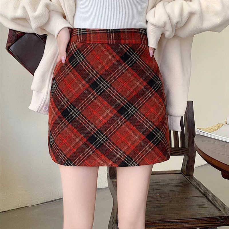 小个子复古红色格纹短裙秋冬季新款学生高腰显瘦百搭毛呢半身裙女