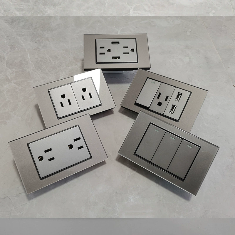 118-type American standard 15A six-hole socket 110v Taiwan USB+Type-c fast charging grey tempered glass American standard power supply