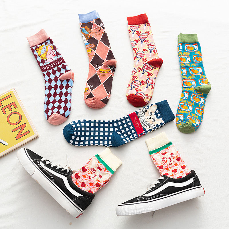 Interesting Illustration Personalized Stockings Ins Trendy British Retro Diamond Plaid Cat Joint Pure Cotton Mid-Calf Socks for Women