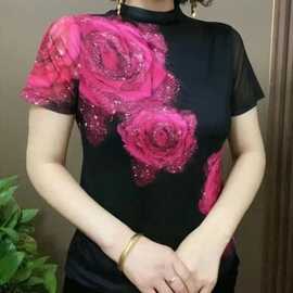 一件代发2026夏季新款简约百搭洋气玫瑰印花网纱短袖上衣女装