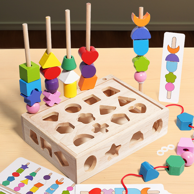 Cpc ce geometría de madera transfronteriza combinación cognitiva de bloques de construcción para niños con cuentas y cuerdas de cinco juegos de rompecabezas de columnas image 1