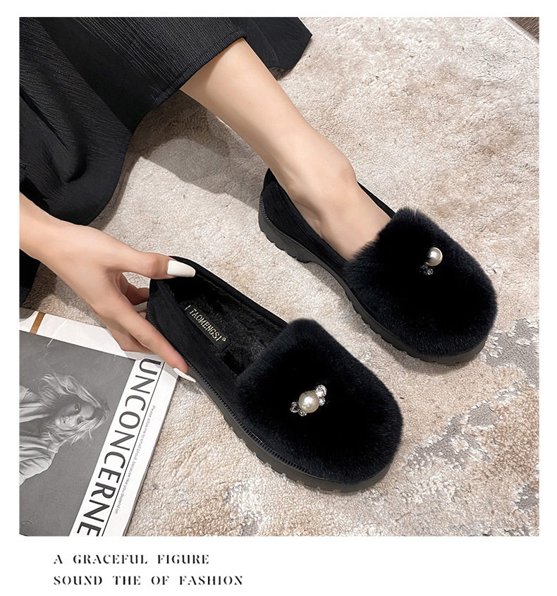 Giày lười nữ lông thỏ thật kiểu hạt đậu, đế dày gót 3-5 cm, đi trong nhà và ngoài trời mùa đông — Màu xám, Màu đen chi tiết 16