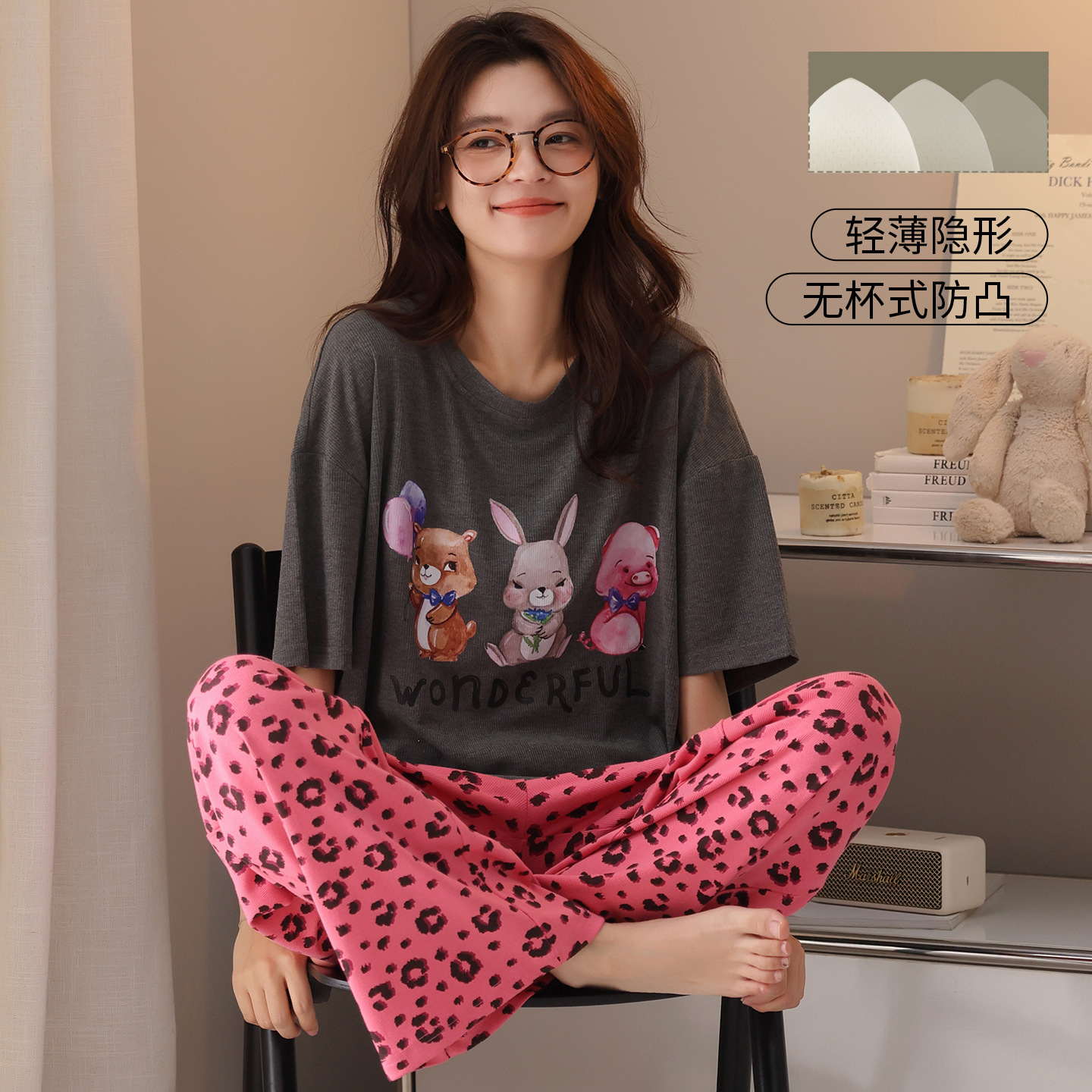 여성용 가슴 패드가있는 스레드 모달 여름 잠옷, 소녀 용 반팔 바지 정장, 귀여운 만화 가정복, 겉옷
