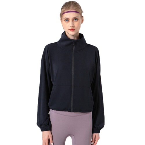 2024 Spring and Summer New Stand Collar Drawstring Yoga Wear Cloud-Sense Loose Simple Slim Jacket Pocket Sports Fitness Wear